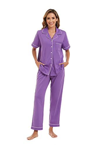 Image of COLORFULLEAF Women's 100% Cotton Pajamas Set Button Down Sleepwear Short Sleeve Shirt and Long Pants Soft Ladies Lounge Sets