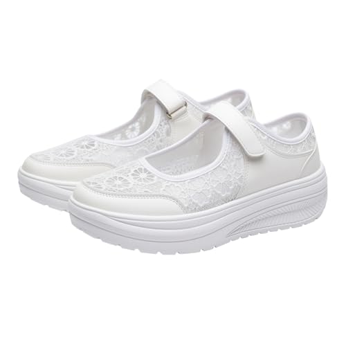 Mary Jane - Zapatos de senderismo para mujer, transpirables, de malla de encaje, con correa de y plataforma, informales, ligeros y cómodos, White, 39.5 EU