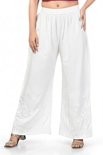 Image of Women's Palazzo Pants with Floral Embroidery, Elastic Waist, White,Black and Off White, Cotton, Lucknowi Style