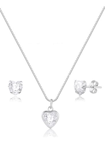 Conjunto Colar Prata 925 + Brincos Coração Zircônia + Caixa