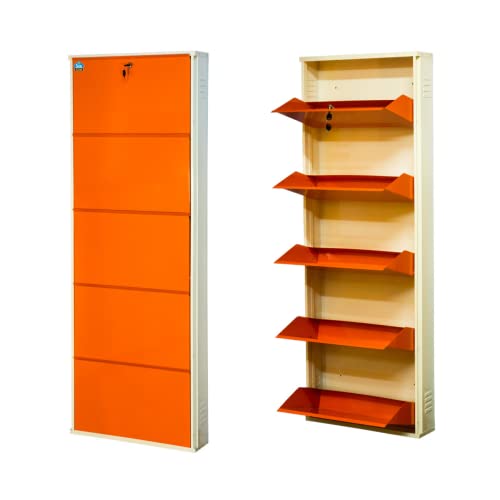 Image of DELITE KOM 24 Inch Wide, 5 Shelf Metal Shoe Rack Wall Mounted for Home with Central Lock Holds Upto 15 Shoes or 25 Slippers Pair | 1 Year Warranty | (67 x 24 x 5 Inch, Ivory Orange) DIY Space Saving