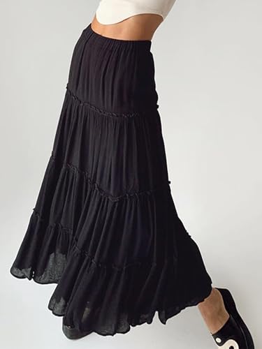 Women Summer Tiered Maxi Skirt Elastic High Waist A Line Boho Beach Dress Flowy Big Swing Long Skirts4