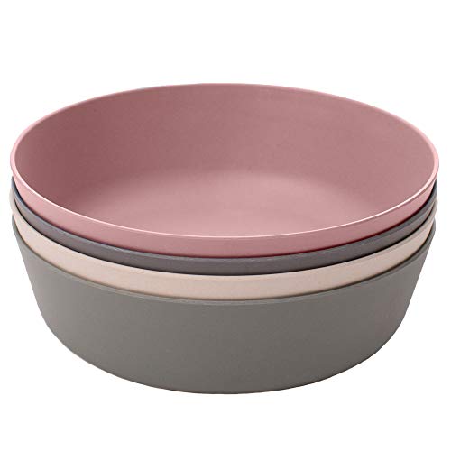 WeeSprout Bamboo Kids Bowls, Set of Four 15 oz Kid-Sized Dinnerware, Cereal, Leftovers & Snack Bowl, Dishwasher Safe (Pink, Green, Gray, & Beige)