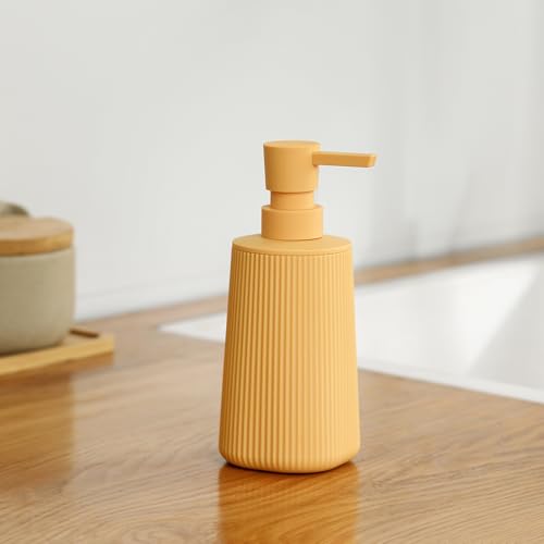 Image of Small Soap Dispenser for Bathroom and Kitchen, Modern Farmhouse Striped Style Plastic Hand Soap Dish Soap Dispenser with Pump Matte Yellow