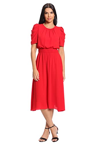 Image of London Times Women's Caterpillar Puff Sleeve Midi Dress - Gathered Waist A-Line Flowy Summer Dress