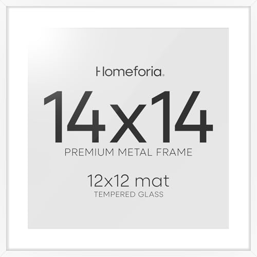 Image of Homeforia 14x14 Picture Frame White, High End Metal 14 x 14 Square Poster Frames with Mat 12 x 12 Photo, 14x14 White Frame Matted to 12x12 Print, 14by14 Thin Frames, Tempered Glass, Wall Kit, Set of 2