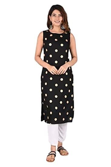 Poly Crepe Polka Dot Print  Straight Kurta Black-100086