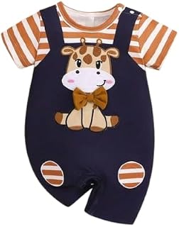 PSFLY Baby Boys & Girls Dungaree Romper Set | Cute Giraffe Printed Navy Overalls with Orange Striped T-Shirt | Soft Cotton... Price In India