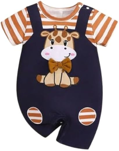 PSFLY Baby Boys &amp; Girls Dungaree Romper Set | Cute Giraffe Printed Navy Overalls with Orange Striped T-Shirt | Soft Cotton...