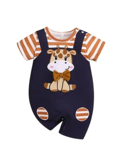 PSFLY Baby Boys & Girls Dungaree Romper Set | Cute Giraffe Printed Navy Overalls with Orange Striped T-Shirt | Soft Cotton... - Review, Price and Buying Guide