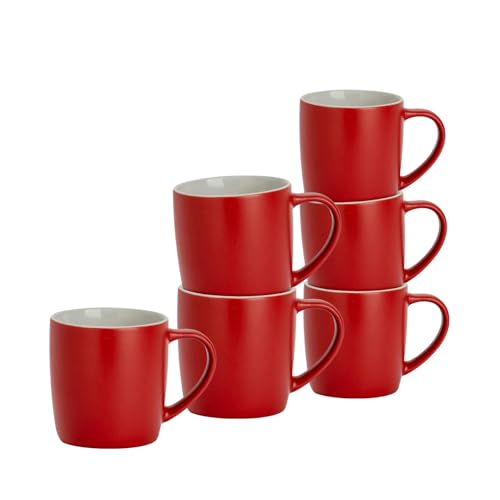 Argon Tableware Coloured Coffee Mugs - Matte Red - 350ml - Pack of 6 - Matt Ceramic Stoneware Latte Cappuccino Cups Hot Chocolate Cups Colourful Mug Set with Handle