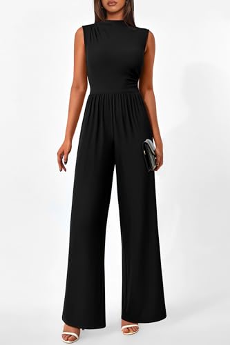 Image of PRETTYGARDEN Women's Summer Dressy Casual Jumpsuits | Cozy Ribbed Fabric, Sleeveless Mock Neck, Back Zipper, Pockets, Wide Leg Pants Rompers, Fashion Clothing, One Piece Outfits