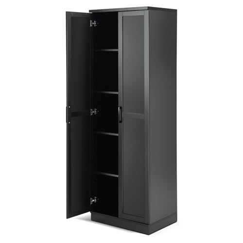 GiantexUK 177cm Tall Kitchen Cupboard, Wooden Storage Cabinet with Adjustable Shelves, 2 Doors & Anti-tipping Kits, Freestanding Display Sideboard Unit for Dining Living Room Pantry (Black)
