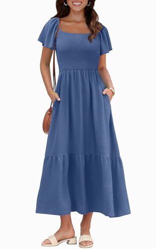 Image of OFEEFAN Summer Dresses for Women Square Neck Ruffle Sleeve Smocked Maxi Dress with Pockets
