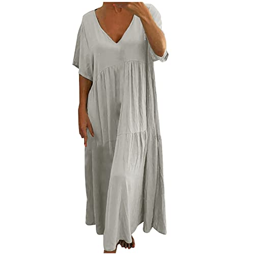 Vestidos para mulheres outono verão manga curta gola V linho midi ajuste solto vestidos lisos femini