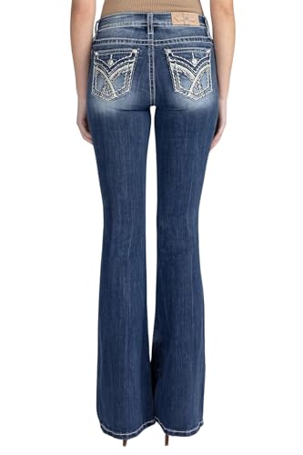 Miss Me Women's Mid-Rise Silver Cross Stitch Flare Jeans with Faux Flap Pockets (Dark Blue, 28W x 32L)