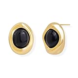 Jean Beau Gold Chunky Black Stone Stud Earrings for Women, Valentine Trendy Obsidian Natural Gemstone Square Hypoallergenic Earring Jewelry Gift