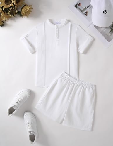 Image of Arshiner Boy's 2 Pieces Linen Sets Short Sleeve Henley Shirt and Shorts Summer Beach Matching Outfits 4-12 Years