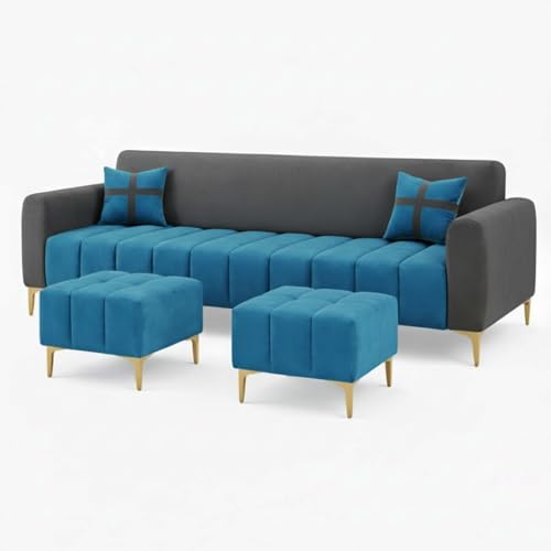 Image of Melody 3 Seater Modular L Shape Sofa Set with 2 Ottoman| Soft Velvet Upholstery, Sturdy Wooden Frame | Modern Sofa for Living Room, Hall & Office Spaces (Dark Grey-Teal Blue)