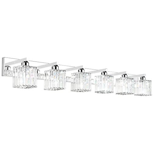 Image of Aipsun Bathroom Vanity Light Fixtures 6 Light Chrome Vanity Light for Bathroom Crystal Vanity Lighting Fixtures (Exclude Bulb)