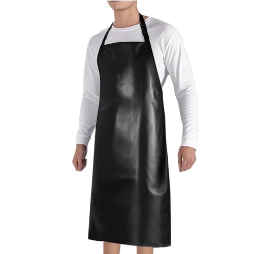 Thougthings Wasserdichte Kunstleder Schürze für Damen und Herren Verstellbare Küchenschürze Ölfest & Reißfest Ideal für Küche Grillen Gartenarbeit Autowaschen Metzger & Tierpflege (Schwarz)