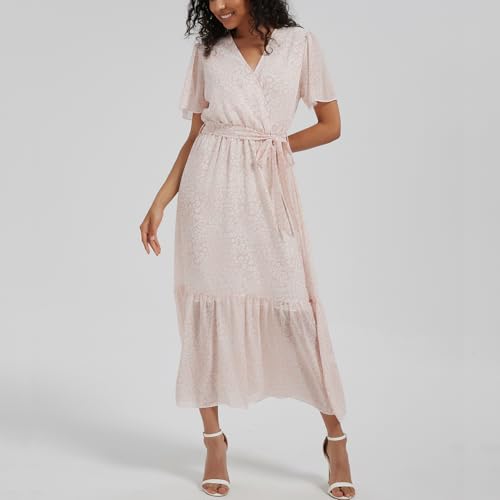 Image of Women's Summer Bohemian Floral Chiffon Dress Cap Sleeve V Neck Ruffle Long Flowy Boho Casual Vacation Dresses