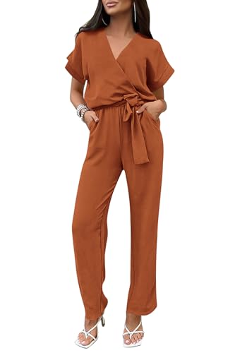 PRETTYGARDEN Women's Summer One Piece Jumpsuits Belted Short Sleeve Wrap V Neck Fashion Dressy Casual Wide Leg Pants Romper