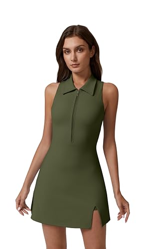 Image of QINSEN Womens Zip Front Tennis Dress Polo Collar Racer Back Workout Golf Dresses Build in Shorts with Pockets