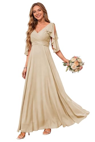 Image of Formal Champagne Plus Size Bridesmaid Dresses for Women Chiffon with Sleeves Floor Length V-Neck Formal Evening Party Gown Champagne US20W