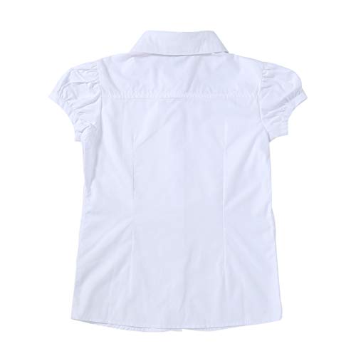 Bienzoe Girls Shirt Short Sleeve: White Button Up Kids School Uniform Cotton Oxford Collar Puff Dress Blouse Bowtie Pack2