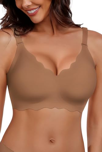 HORISUN Women Push Up Bras Wireless Seamless Full Coverage Bralette Buttery Soft Convertible Everyday Tshirt Bra (Coffee,L)