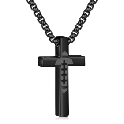 P. BLAKE Football Cross Necklace for Boys Men Stainless Steel Black Pendant Chain Valentines Easter Basket Stuffers Christian First Communion Confirmation Jewelry Gifts for Kids Teen Boys Ages 8-12 Accessories Stuff Gear