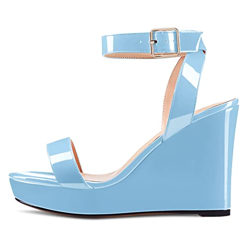Image of Aachcol Women Platform Wedge Sandals Round Peep Open Toe Ankle Strap Slingback Two-Piece Chunky Block High Heel Dress Shoes Pumps Party Patent 4 Inch