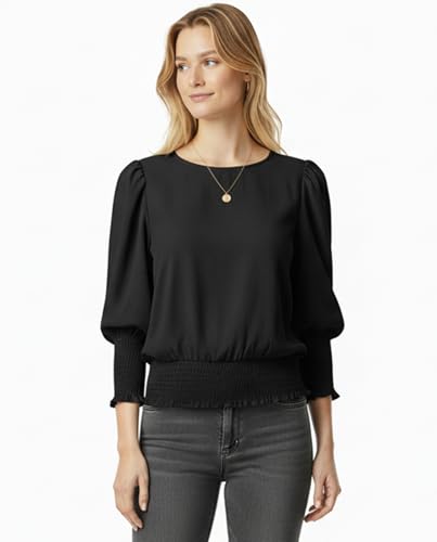 Women Elastic Cinched Waist Top 3/4 Length Puff Sleeve Smocked Tops Banded Bottom Blouse Dressy Casual Outfits 20252