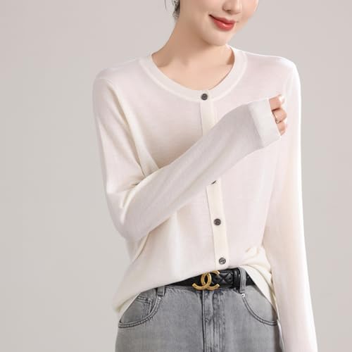 Image of Women's 100% Merino Wool Crew Neck Cardigan Sweater Top Long Sleeve Button Down 2025