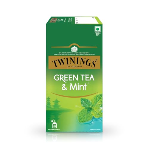 Image of Twinings Green Tea & Mint, 25 Tea Bags| Pack of 1| Perfectly Balanced & Refreshing Taste| Light, Soothing Flavour| Low Calorie| Handpicked Green Tea Leaves| Enjoy as Hot or Iced Tea