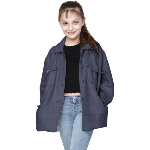 Kids Girls Plain Navy Jackets Tunic Fleece Collared Fashion Coat 7-13 Y