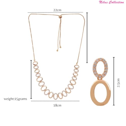 Image of Nilu's Collection Rose Gold Plated | American Diamond Stone Studded | Anti Tarnish Jewellery Set for Women and Girls | Matching Earrings | Perfect for Weddings and Special Occasions (Style 2)