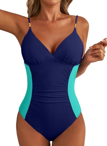 Aleumdr Vintage Bathing Suit for Women 2026 Fashion Ruched Tummy Control One Piece Swimsuit Color Block Adjustable Straps Beach Swimming Swimwear Navy Blue X-Large