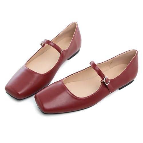 Image of TN TANGNEST Leather Flats for Women Retro Mary Jane Flats | Comfortable Square Toe Slip On Flats with Buckle Strap, Soft Work Flats Office Shoes
