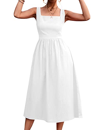Image of xxxiticat Women's Square Collar Casual Dress Sleeveless Pleated A-Line Summer Beach Boho Elegant Backless Midi Dress