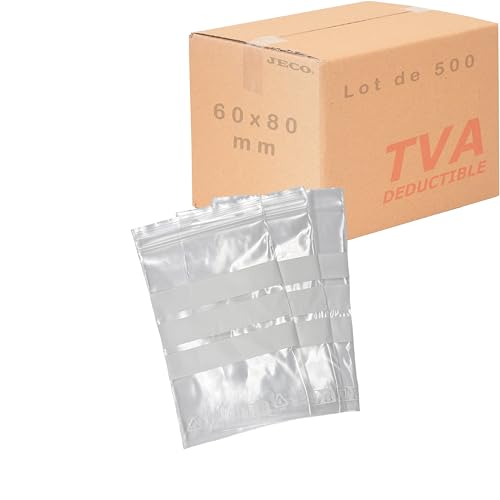Jeco - Lot de 500 sachets à fermeture zip format 60 x 80mm : 6 x 8 cm 3 bandes blanches d'écriture 50µ - qualité alimentaire
