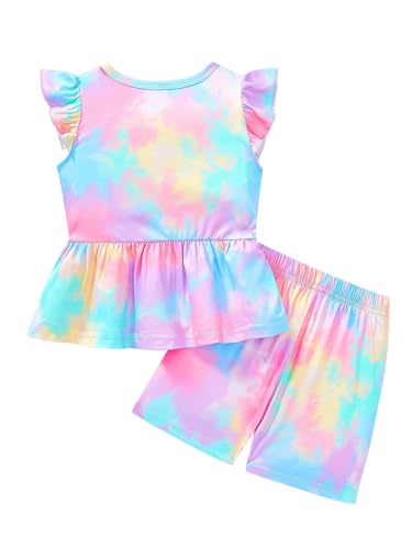 Image of Girls Summer Outfits Toddler Baby Girls Short Sets 2 Piece Clothing Set Flutter Sleeve Shirt and Short 2-7 Years