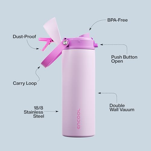 Image of Insulated Water Bottle with Straw - Encool Stainless Steel Water Bottle with Push Button Lid, Leak-Proof & BPA-Free, Keeps Cold for 24 Hours for Sports, Travel, Gym (24 oz, Thistle-Fuchsia)
