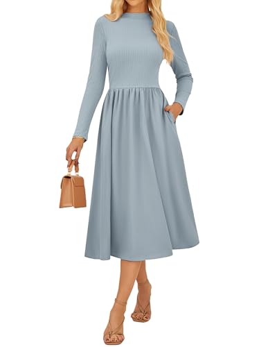 Strickkleid Damen Stehkragen Langarm Herbstkleid High Waist Elegantes A-Linien Midikleid Graublau S