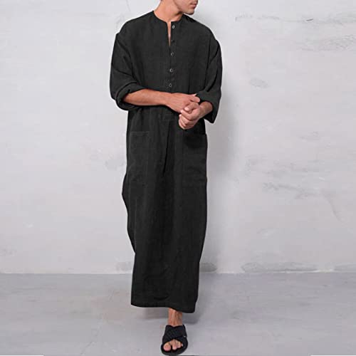 Muslim Cotton Kaftan for Men Long Sleeve Thobe Soft Solid V Neck Long Gown with Pockets Caftan Sleep Shirt2