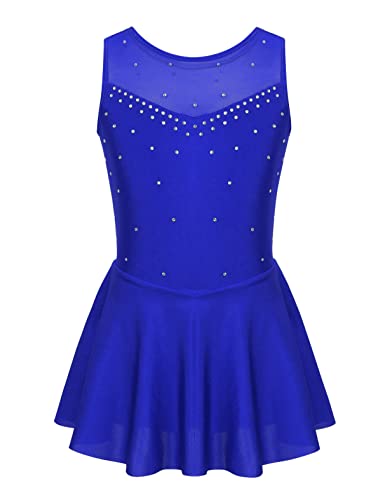 iiniim Maillot Vestido de Patinaje Niña Vestido de Ballet Malla sin Mangas Danza Patinaje con Diamante Brillante Ropa de Baile Fiesta Actuación A Azul 7-8 años