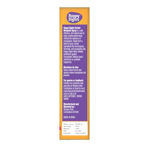 Image of Happy Nights Herbal Mosquito Repellent Room Spray | Orange Fragrance | Effective Protection from Mosquito | Anti Mosquito Spray for Room | Safe for Babies & Pets | 100ml (Pack of 1)