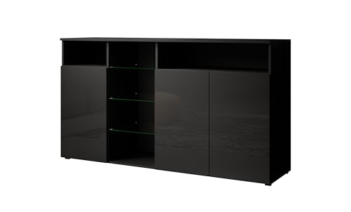 MB Muebles Bonitos | Buffet Clark L avec Lumière LED et 3 Portes pour Salon et Salle à Manger | Meuble Moderne en Mélamine Brillante | Couleur Noir | 150x82x40 cm
