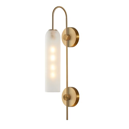 BOKT Mid Century Modern 1-Light Wall Mounted Light Brushed Gold Metal Wall Sconce Lighting Minimalist Anti Brass Wall Sconce Lamp White Glass Bathroom Vanity Light Fixture (White) by BOKT - Used condition - US$70.10